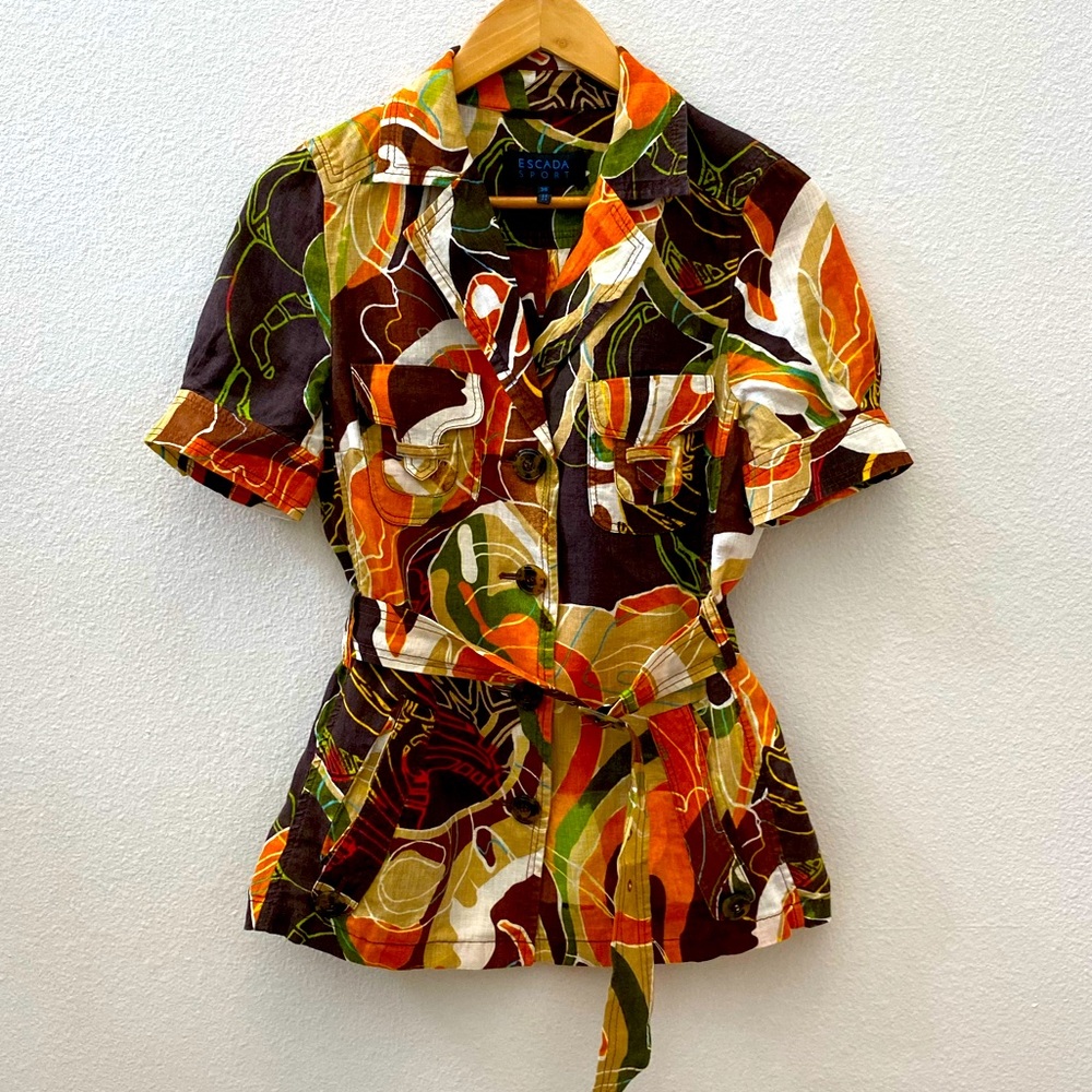 Escada Sport Multicolor Linen Short Sleeve Blazer Top